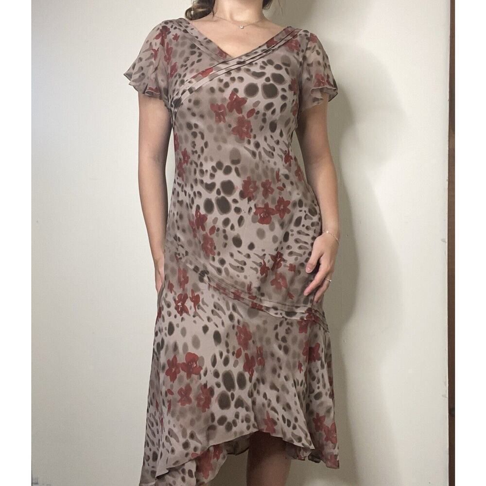 Papell for Dressbarn Silk Brown Pattern Y2k Aymmetrica Ruffle Midi Dress Size 10